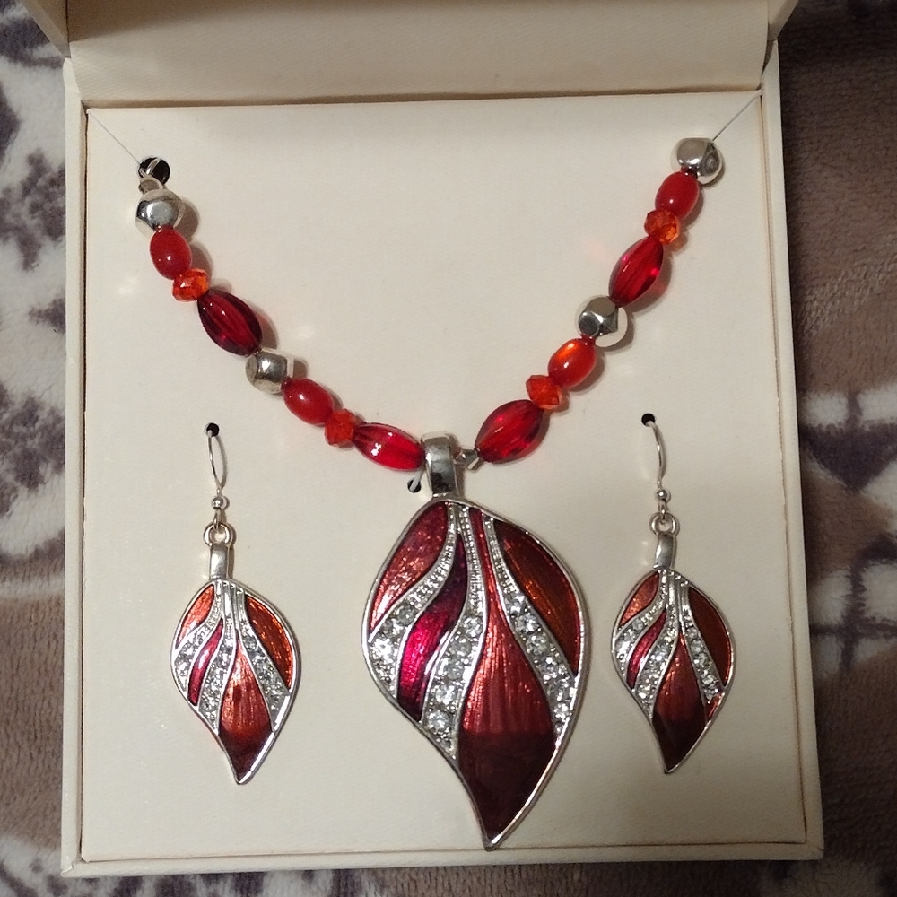 Red Leaf Necklace and Earrings Set